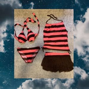 OUYI Brand Four Piece Brown and Pink Swimsuit Set